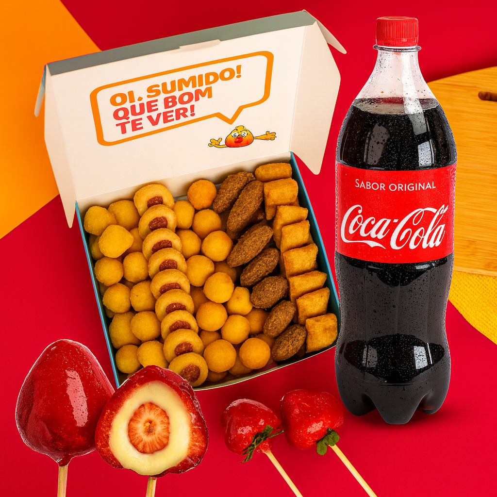 100 Salgadinhos + Coca Grande + 3 Morangos Do Amor